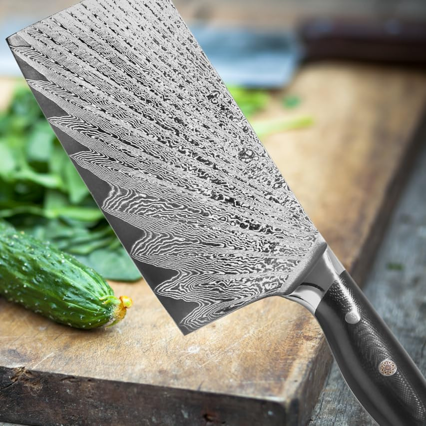 Master Maison Authentic 7.5" Damascus Cleaver Knife With Full-Tang Handle, Sheath, Sharpening Sto... | Amazon (US)