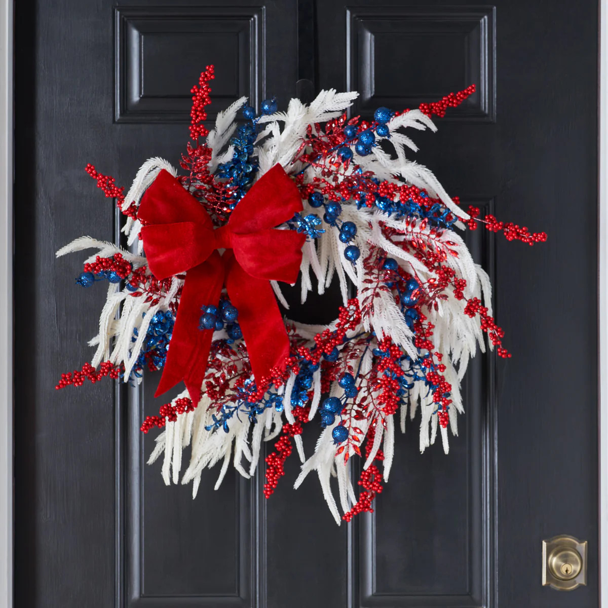 White Norfolk Pine, Red Berry Jewel Spray, Blue Glitter Berry & Boxwood Patriotic Holiday Christm... | Darby Creek Trading