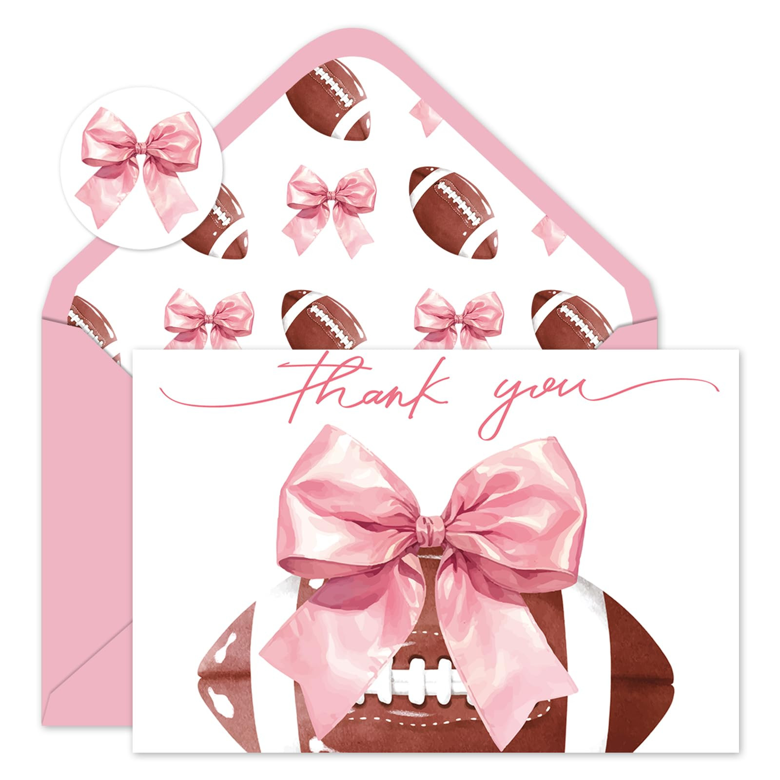 24 Pack Football Thank You Cards Pink Bow Rugby Greeting Cards With Envelopes Stickers Watercolor... | Amazon (US)