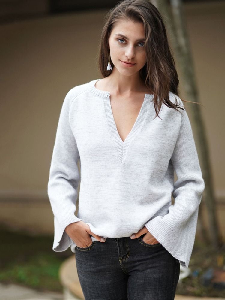 Notched Raglan Sleeve Ribbed Sweater | SHEIN