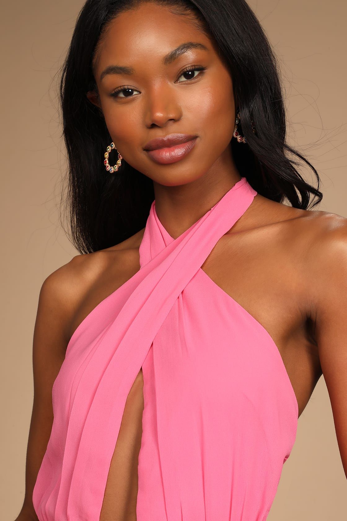 Flirty Chic Bright Pink Cutout Twist-Front Halter Midi Dress | Lulus (US)
