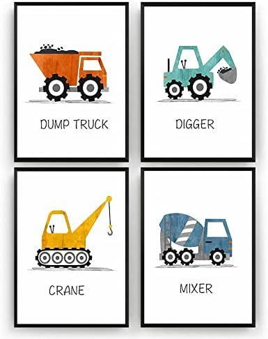 Construction Art Poster Set of 4 Boys Game Room Wall Art Cartoon Poster Construction Nursery Art Tru | Amazon (US)