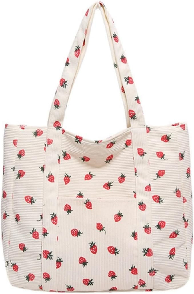 Komociya Strawberry Corduroy Tote Bag for Women, Aesthetic Tote Bag with Zipper, Casual Book Hand... | Amazon (US)