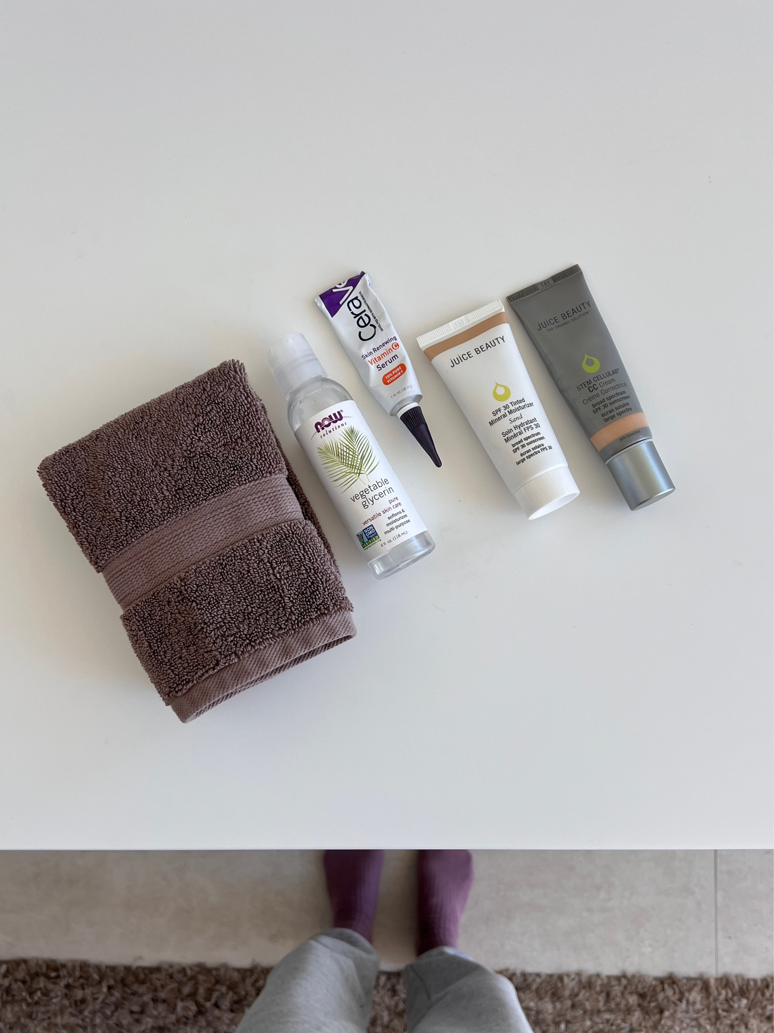 Morning travel skin care routine: wet cloth to lightly wash face, self-facial massage with glycerin, then add vitamin c and zinc sunscreen to protect my skin from the sun ☀️ 

#LTKActive #LTKTravel #LTKBeauty