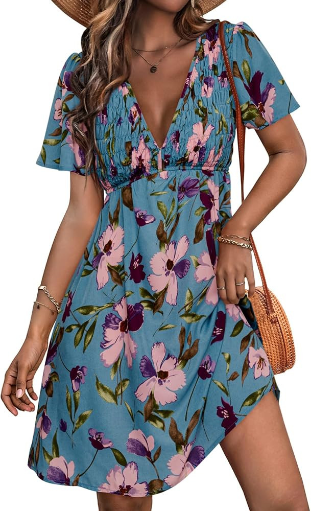 Simplee Womens Summer Casual V Neck Dress Sexy Short Sleeve Mini Sundress Boho Western Empire Wai... | Amazon (US)