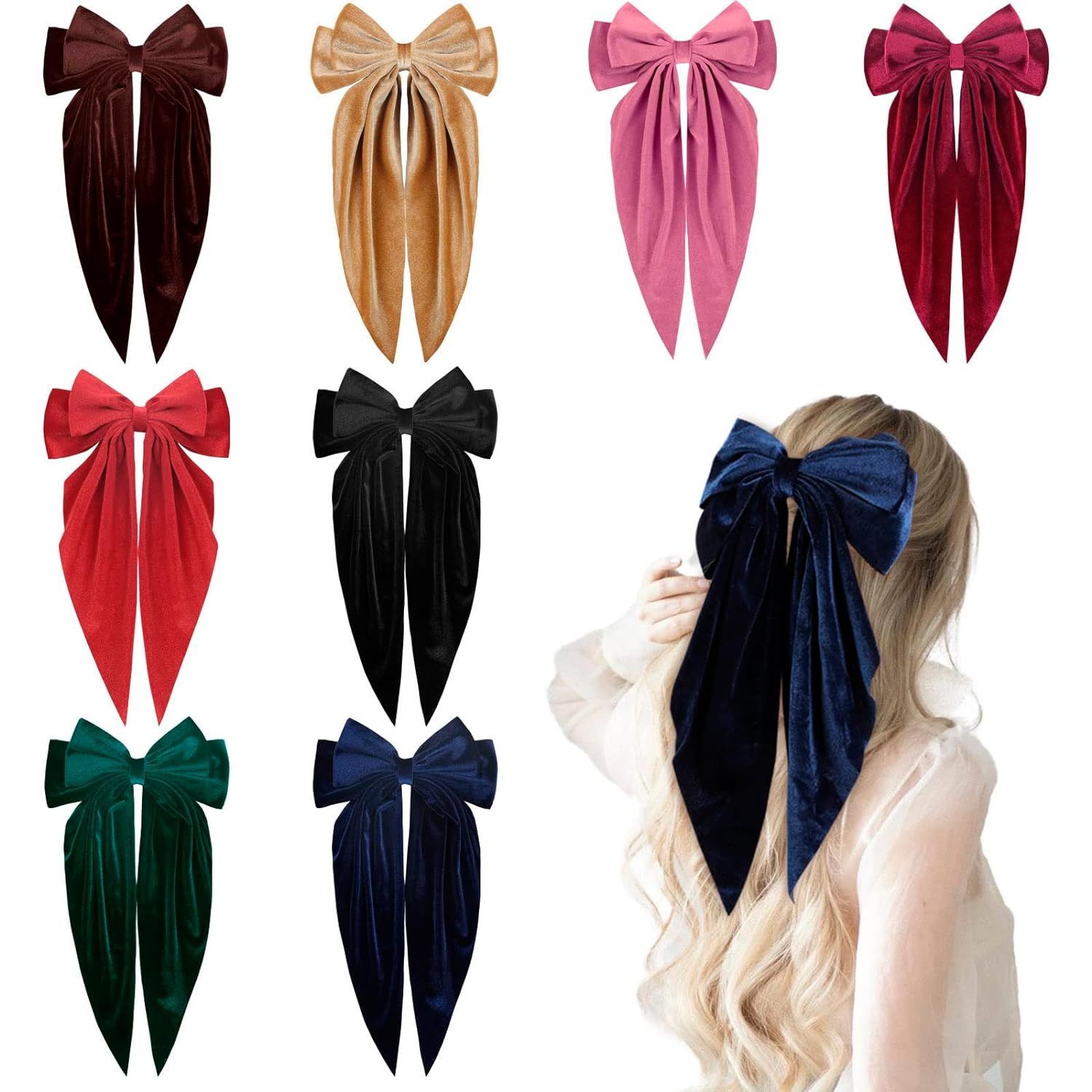 8PCS Big Velvet Hair Bows for Women Girls 8 Inch Layered Bows Barrette Hair Clip Long Velvet Bows... | Amazon (US)