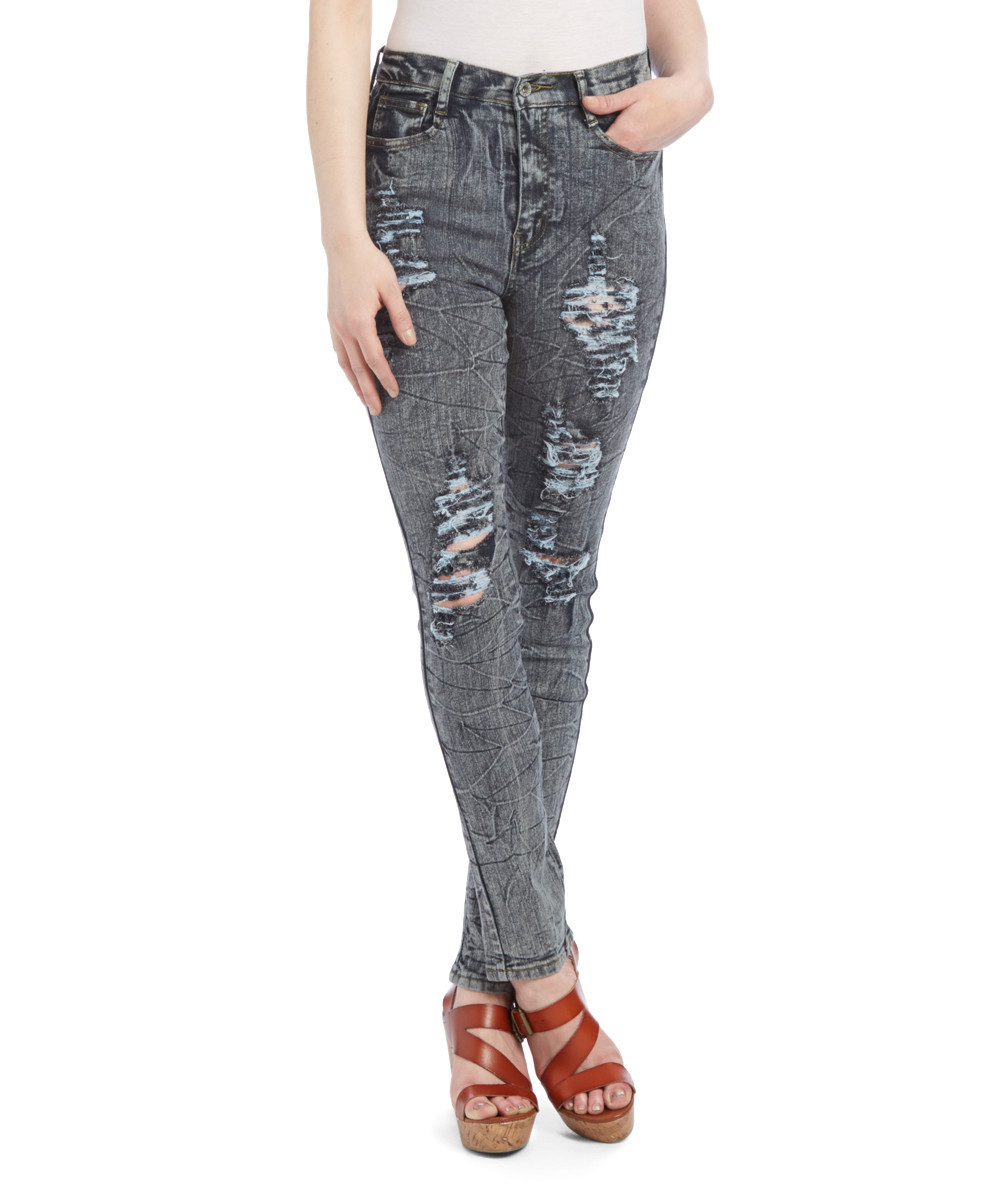 be-girl Women's Denim Pants and Jeans Meshy - Gray Mesh Distressed High-Rise Skinny Jeans | Zulily