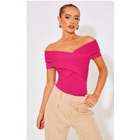 Fuchsia Rib Knit Foldover Twist Bodysuit | PrettyLittleThing US