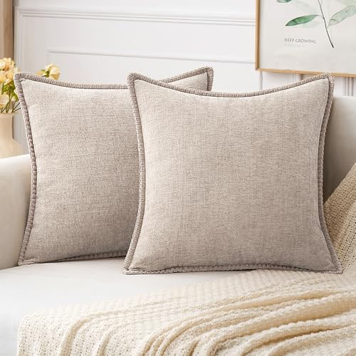 MIULEE Pack of 2 Couch Throw Pillow Covers 20x20 Inch Light Brown Farmhouse Decorative Pillow Covers with Stitched Edge Soft Chenille Solid Dyed Pillow Covers for Sofa Bed Living Room | Amazon (US)