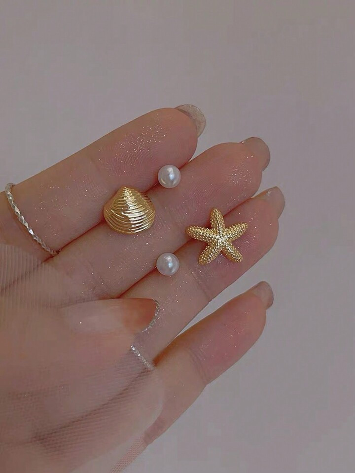 Korean-Style Shell Starfish Metal Pearl Earrings Set, Elegant And Versatile Stud Earrings, Delica... | SHEIN
