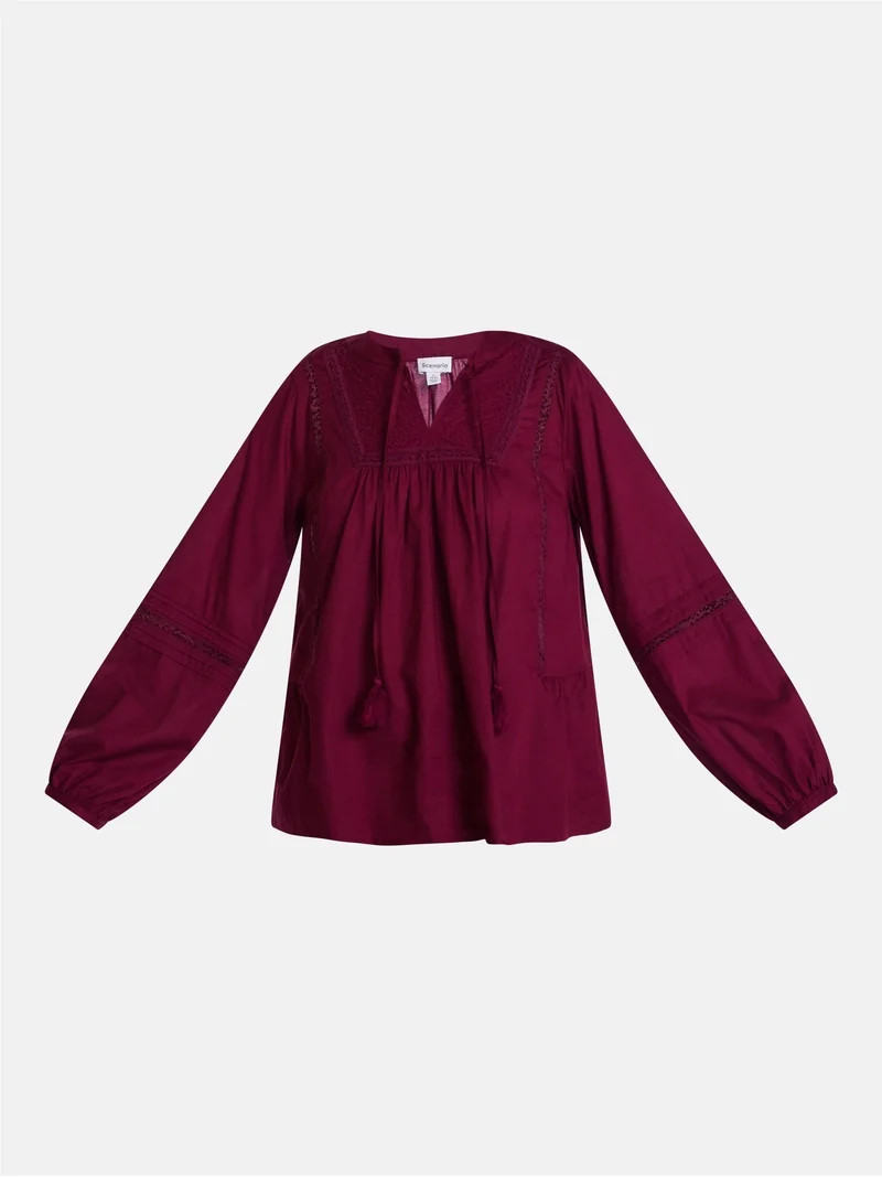 Scenario Women's and Women's Plus Embroidery Top with Lace Inserts, Sizes XS-4X | Walmart (US)