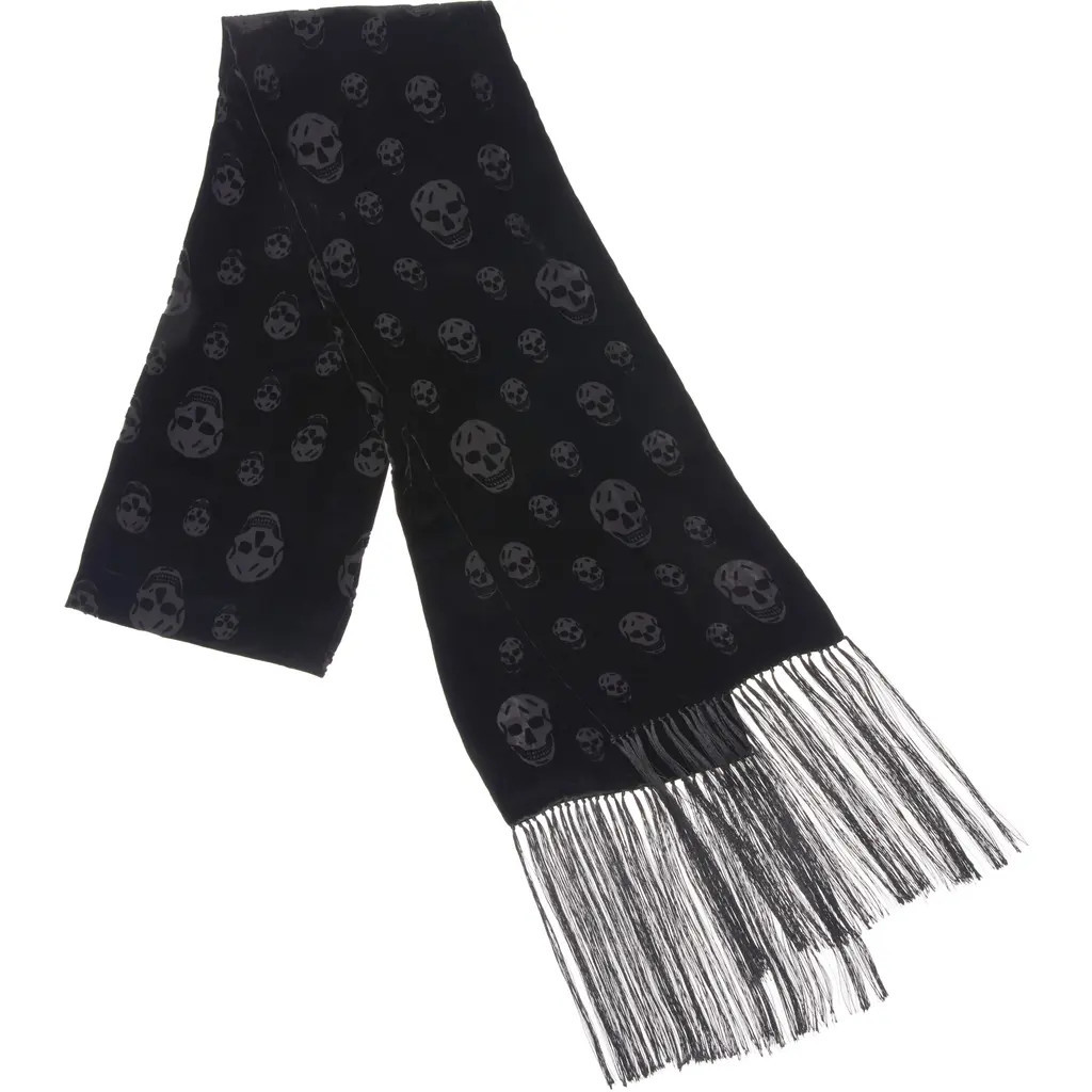 McQueen Skull Jacquard Wool & Silk Fringe Scarf in Black/Medium Grey at Nordstrom | Nordstrom