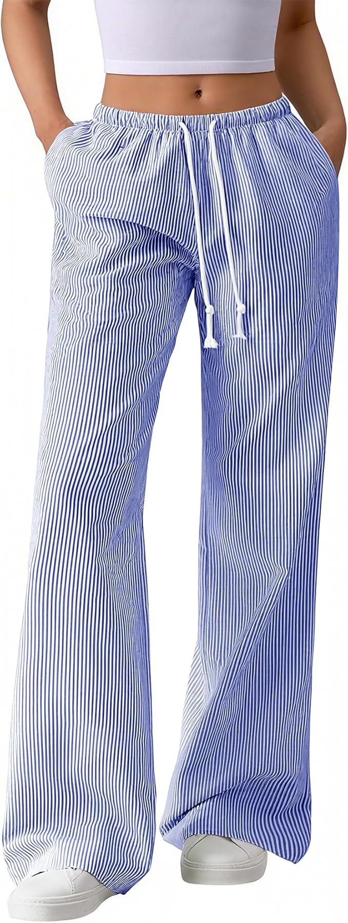 BTFBM Striped Wide Leg Pants for Women Spring Summer 2026 Drawstring Lounge PJ Beach Bottoms Casu... | Amazon (US)
