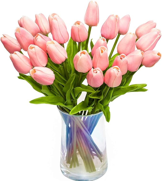 JOEJISN 30pcs Artificial Tulips Flowers Real Touch Pink Tulips Fake Holland PU Tulip Bouquet Late... | Amazon (US)