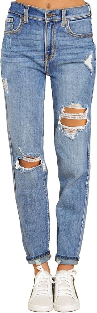 GRAPENT Women's Casual High Waisted Mom Jeans Ripped Stretchy Tapered Denim Pants | Amazon (US)