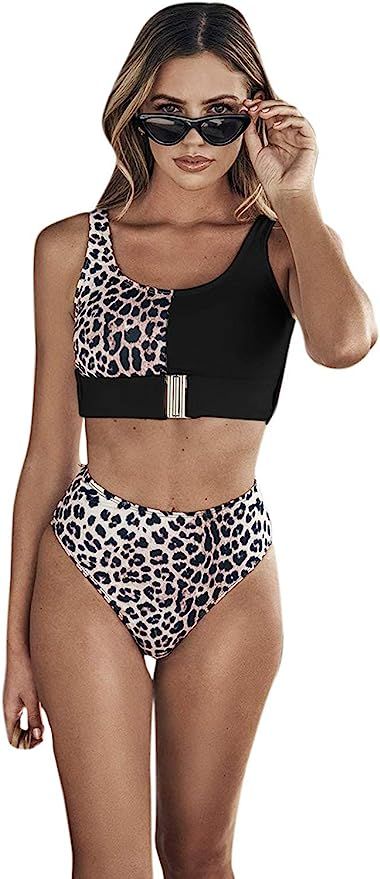 Floerns Women's High Waist Leopard Bikini Buckle Front Two Piece Swimsuit | Amazon (US)