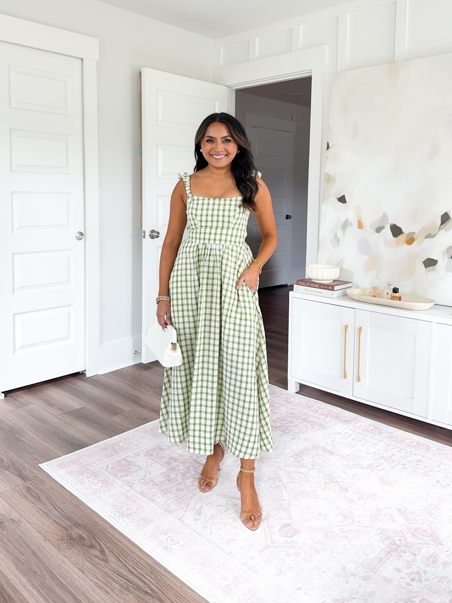 Sage Green gingham dress size xxs TTS - size up a size if you have a larger bust
Clear heels size 5 TTS
