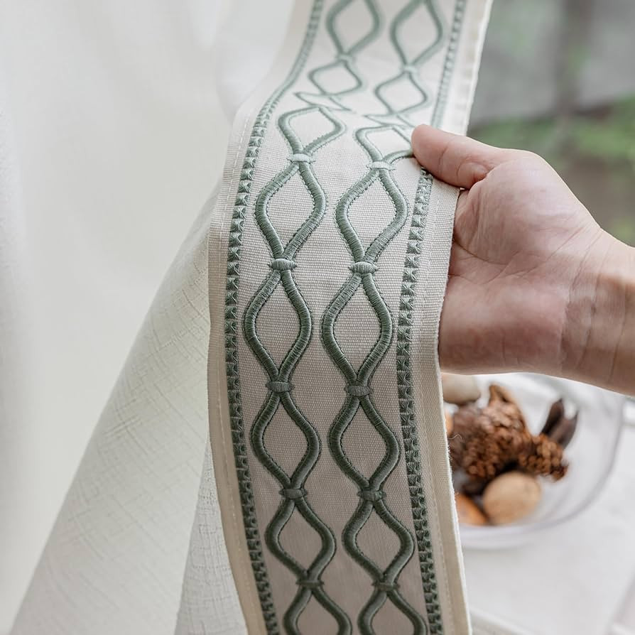 White Colour Linen Curtain Panels with Embroidered Trim Design, Pinch Pleat Curtains, Semi-Sheer ... | Amazon (US)