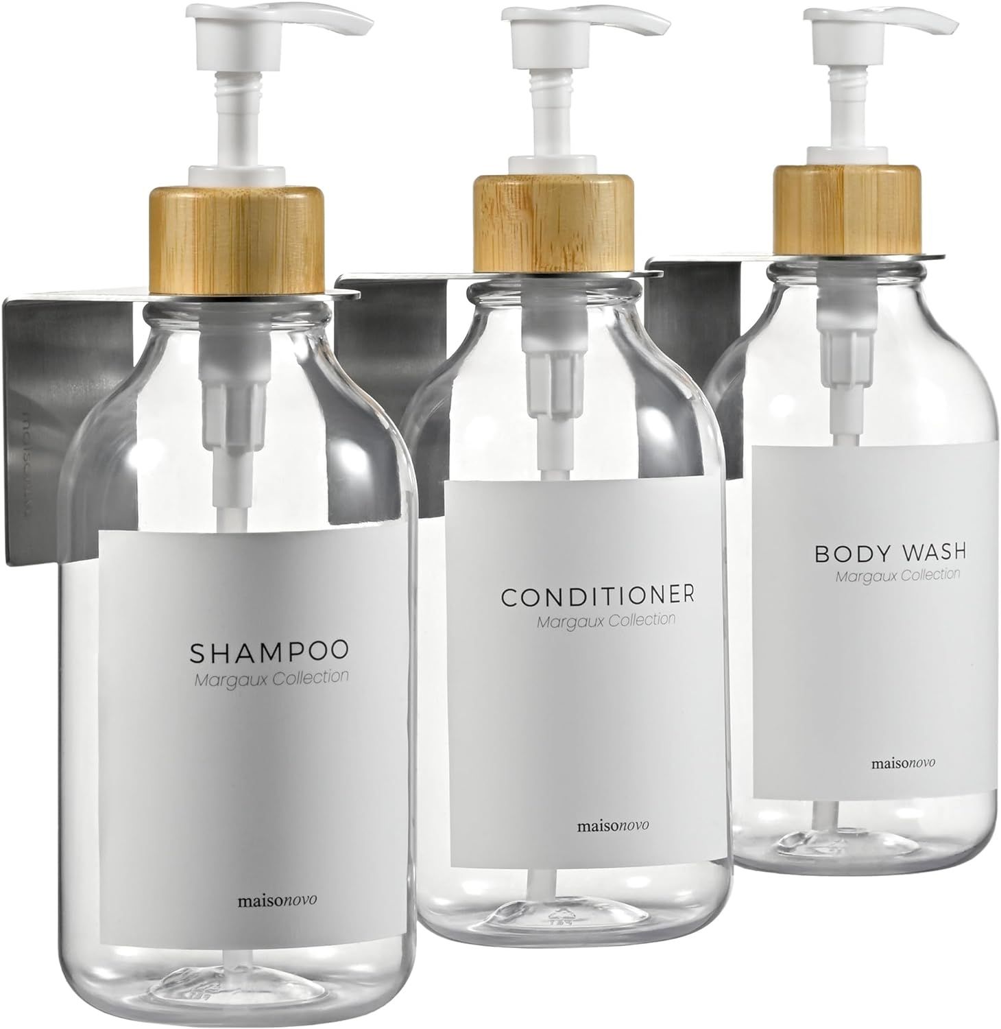 MaisoNovo Shampoo and Conditioner Dispenser | 3 Bamboo Plastic Clear 3 Wall Mount Silver| Shampoo... | Amazon (US)