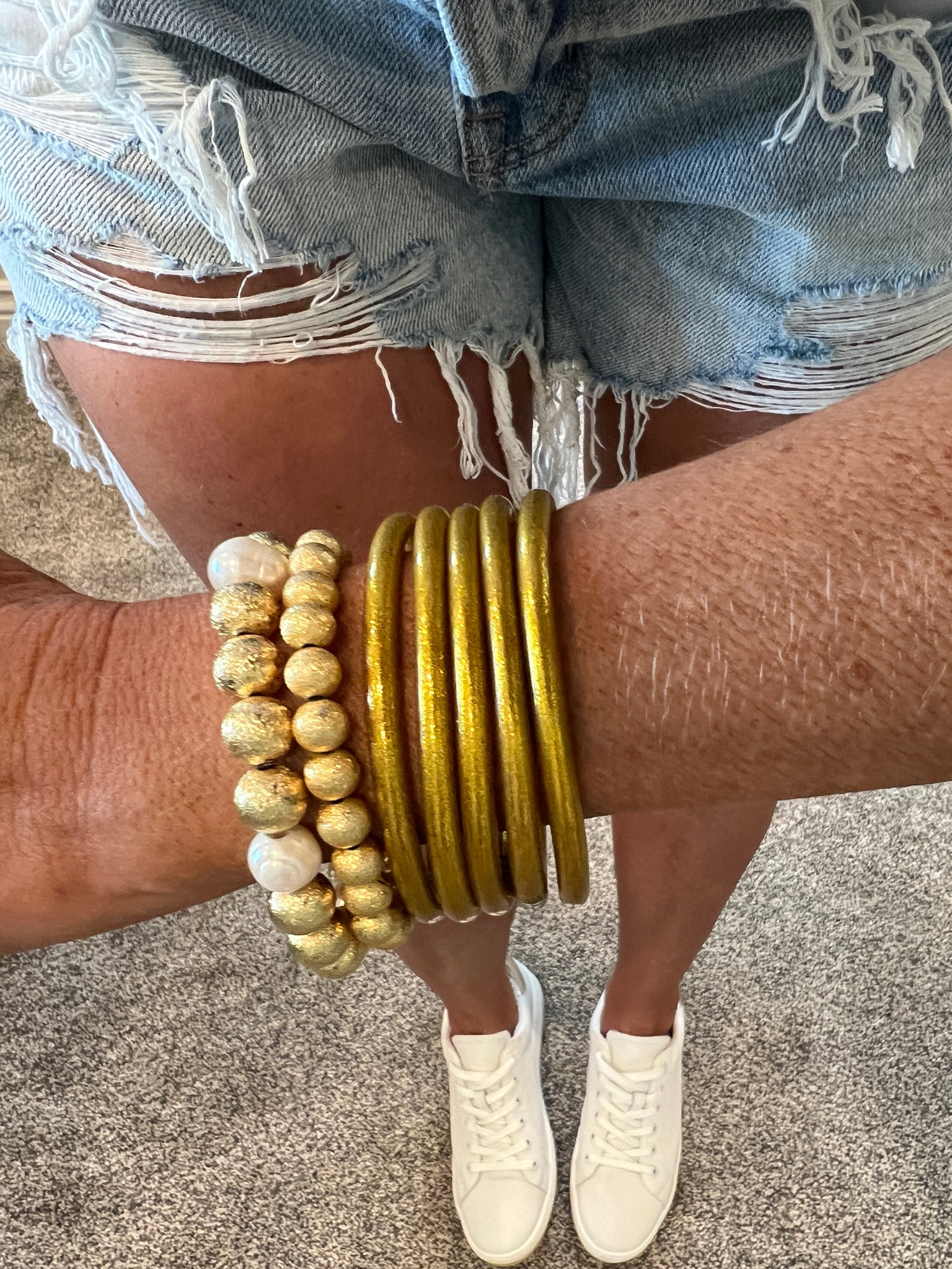 Todays outfit details

Ama Eric an eagle denim high waisted boyfriend shorts I size up to fall not as high waisted!
Sells out fast but restocks

Buddha bracelets 

Lisi lurch bead bracelets

Chicos leather sneakers
Fit true to size

Perfect summer bracelets!

#LTKstyletip #LTKshoecrush #LTKtravel