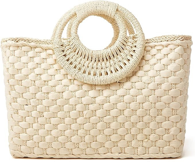 Women Straw Handbag, Large Capacity Woven Handmade Round Handle Hobo Bag, Casual Retro Vacation B... | Amazon (US)