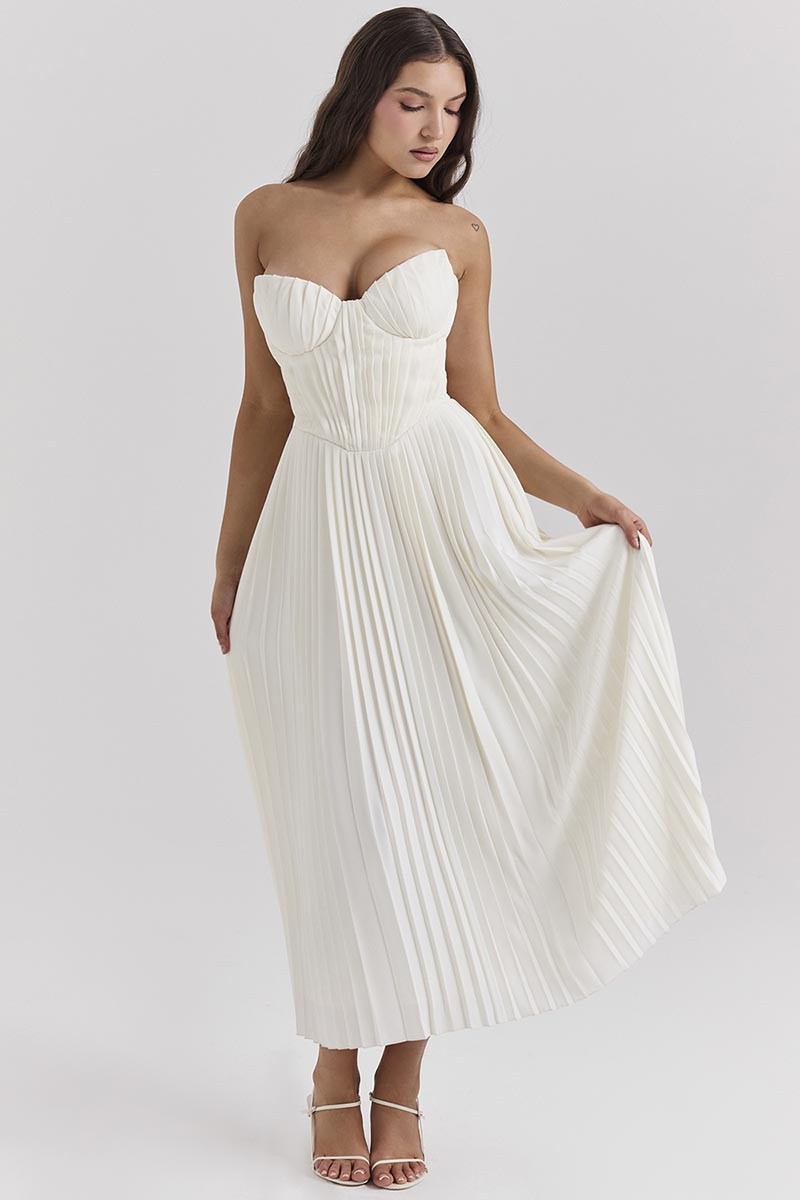Strapless Corset Pleated Elegant Party Gown Midi Dresses-White | Cherley