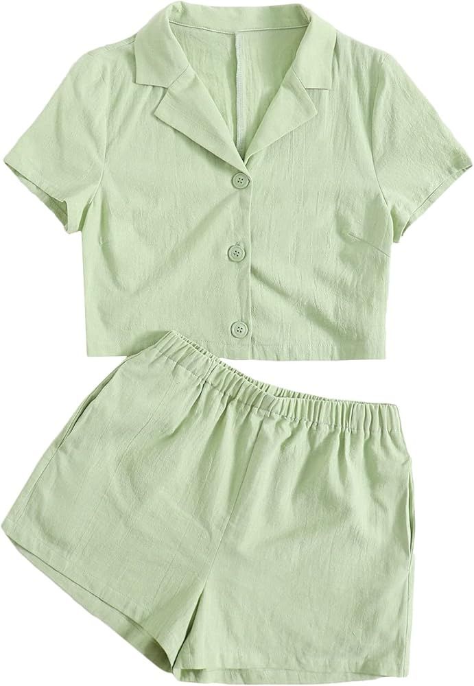 Floerns Women's 2 Piece Outfits Solid Short Sleeve Button Down Crop Top and Shorts Set | Amazon (US)