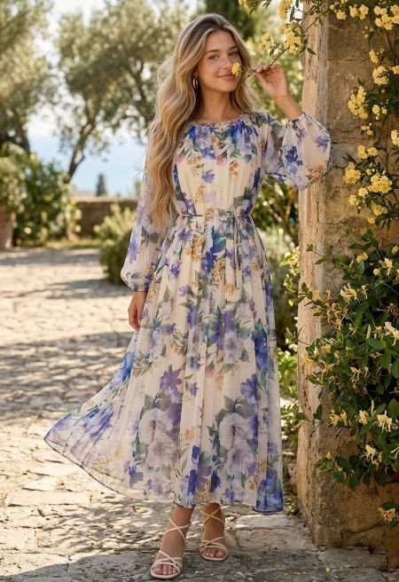 Blissful Floral Beaded Neckline Chiffon Maxi Dress in Ivory for Garden Parties & Beach Weddings | Chicwish