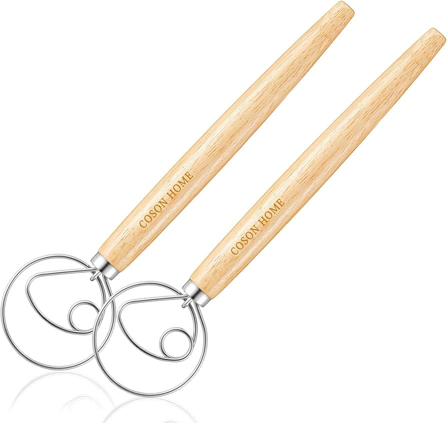 Pack of 2 Danish Dough Whisk Blender Dutch Bread Whisk Hook Wooden Hand Mixer Sourdough Baking To... | Amazon (US)
