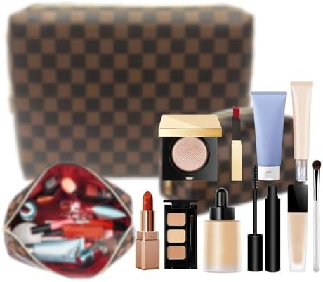 Checkered Makeup Bag, 2 Pcs Portable Leather Cosmetic Bag, Travel Toiletry Bag for Women, PERFECT... | Amazon (US)