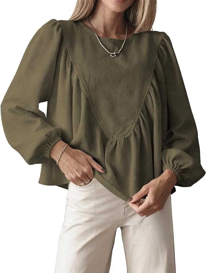 Women's Peplum Babydoll Top Waffle Knit Shirt with Back Button Lantern Sleeves for Casual Outfits | Amazon (US)