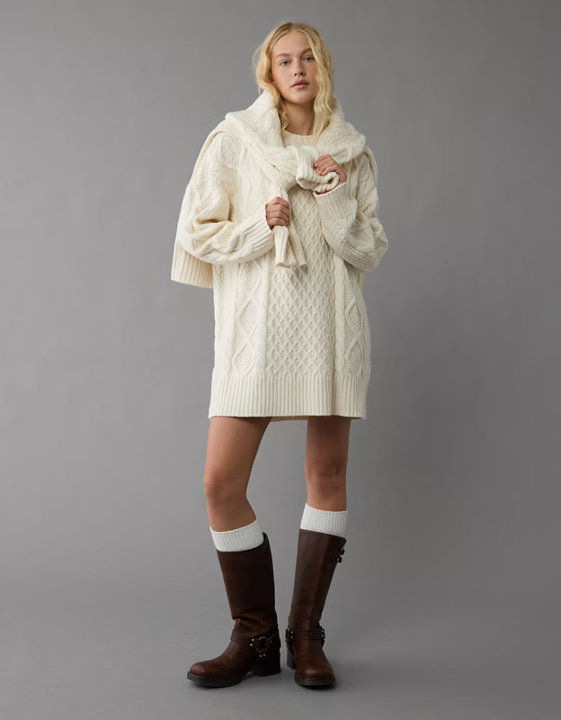 AE Long-Sleeve Cable Knit Sweater Mini Dress | American Eagle Outfitters (US & CA)