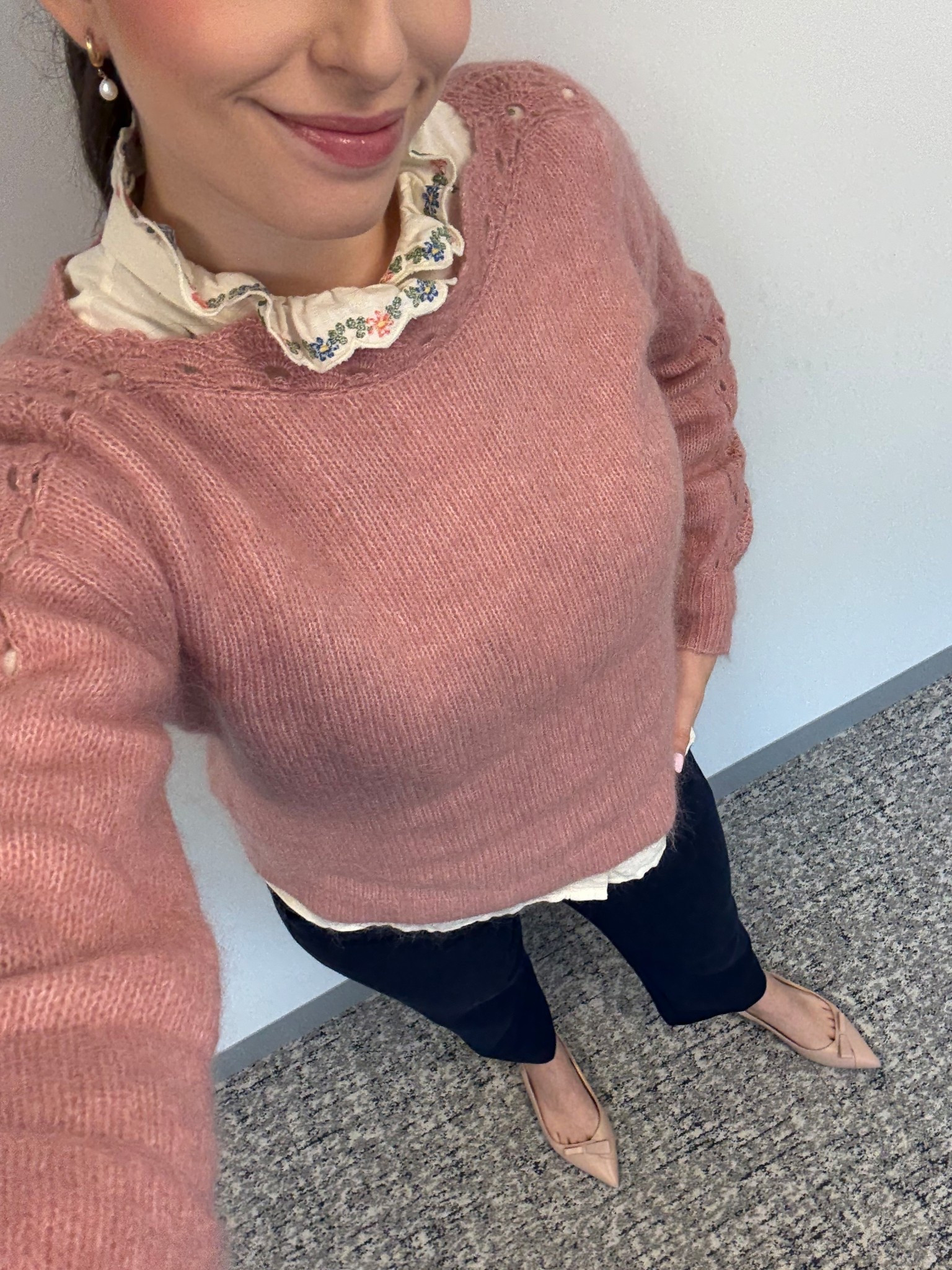 Office style, office outfit, business casual, workwear, spring workwear, spring office style, Sezane sweater, pink sweater, ruffle blouse, Sezane blouse. Sezane knit, work pants, nude slingbacks, nude flats, spring office outfit, spring corporate style, spring corporate fashion, lawyer, attorney 

#LTKTall #LTKWorkwear #LTKSeasonal