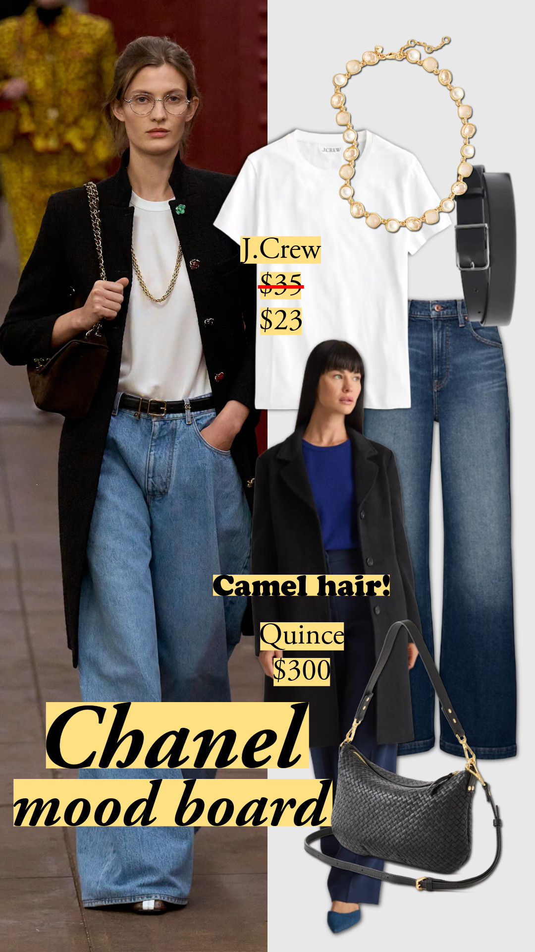 Chanel’s styling trick for black and white: one color is the main, the other an accent. We’re not stacking big blocks of black and white here. The coat softly overlaps with the white tee rather than create stark lines of contrast. 🖤🤍 Chanel, Quince, J.Crew, Uniqlo, workwear, what to wear to the office, white tee shirt, wardrobe staples, layering guide, camel hair coat, wide leg jeans, slouchy jeans 

 #LTKHoliday #LTKgrwm #LTKootd