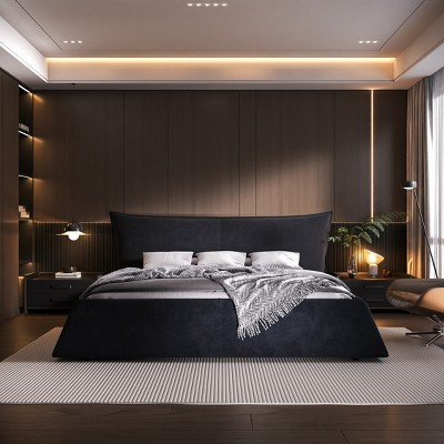 GDFStudio Upholstered Platform Solid Wood Bed with Special Shaped Velvet Headboard, Black, King Size | Target