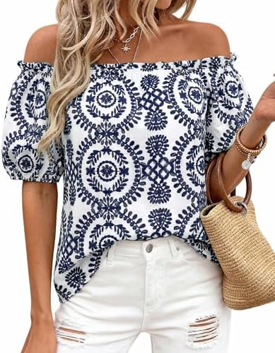 BTFBM Off The Shoulder Boho Tops for Women 2026 Summer Spring Short Sleeve Floral Loose Resort Be... | Amazon (US)