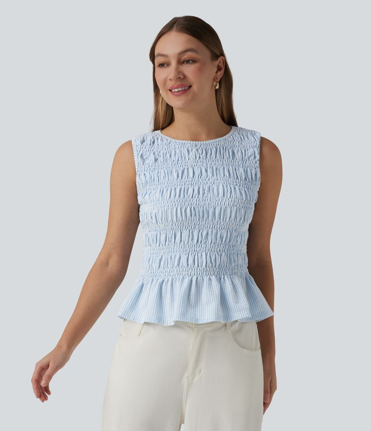 Women’s Boat Neck Sleeveless Stripe Shirred Ruffle Hem Casual Top - Halara | HALARA