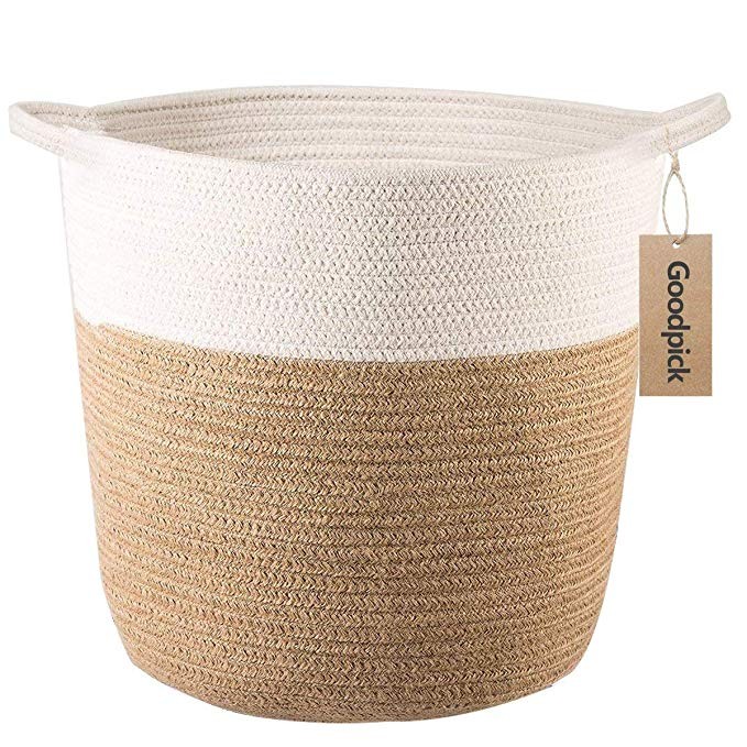Goodpick Cotton Rope Storage Basket- Jute Basket Woven Planter Basket Rope Laundry Basket with Ha... | Amazon (US)