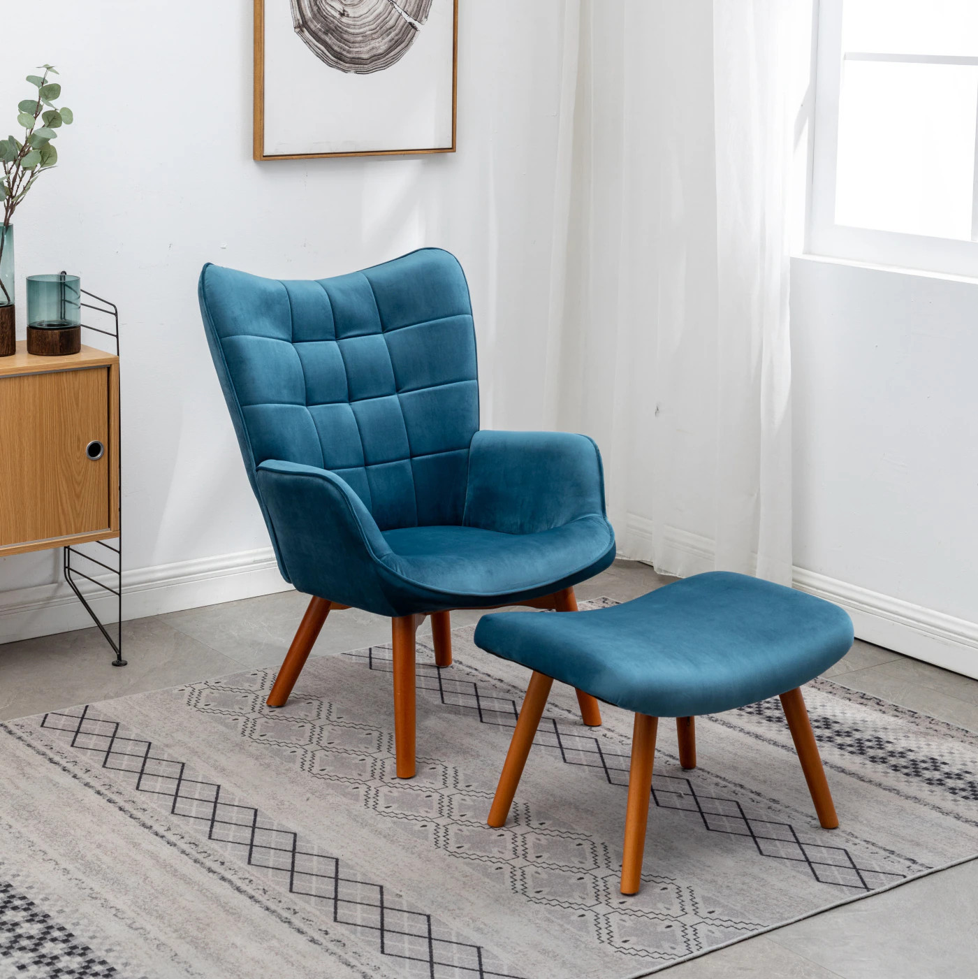 CHITA Blue Contemporary Velvet Accent Chair and Ottoman Set with Rubberwood Frame and Button-Tufted Back plus High Wingback one_size | ACHA-76 | Lowe's