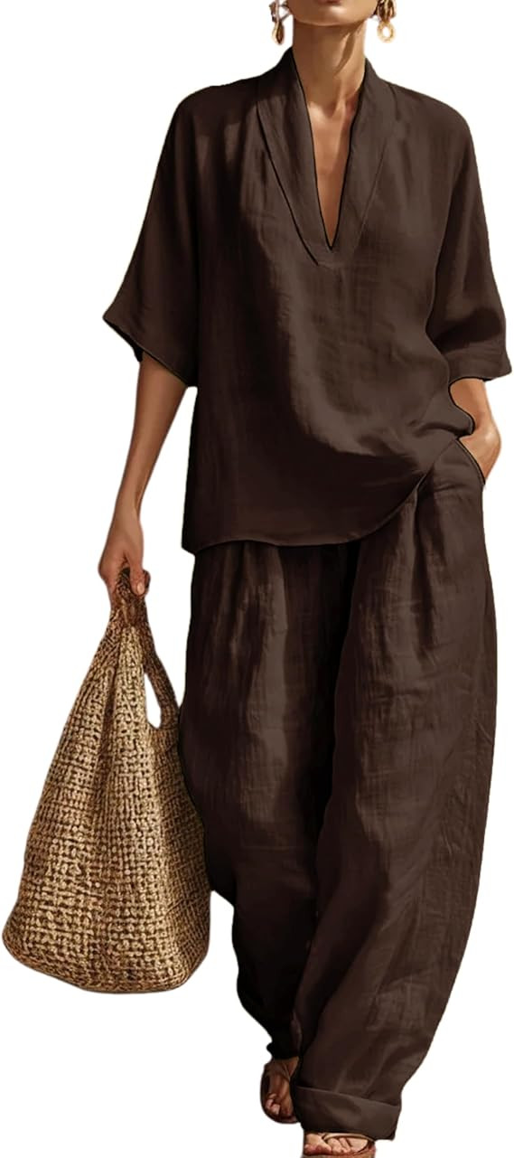 Tanming Two Piece Lounge Sets for Women Linen Set Vacation Beach Travel Outfits Casual Cruise Fas... | Amazon (US)