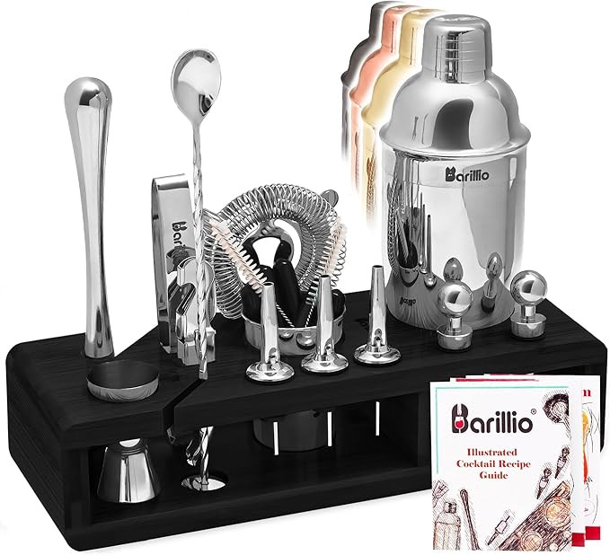Barillio Silver Bartender Kit - Stainless-Steel Cocktail Shaker Set w/Black Bamboo Stand - Mixolo... | Amazon (US)