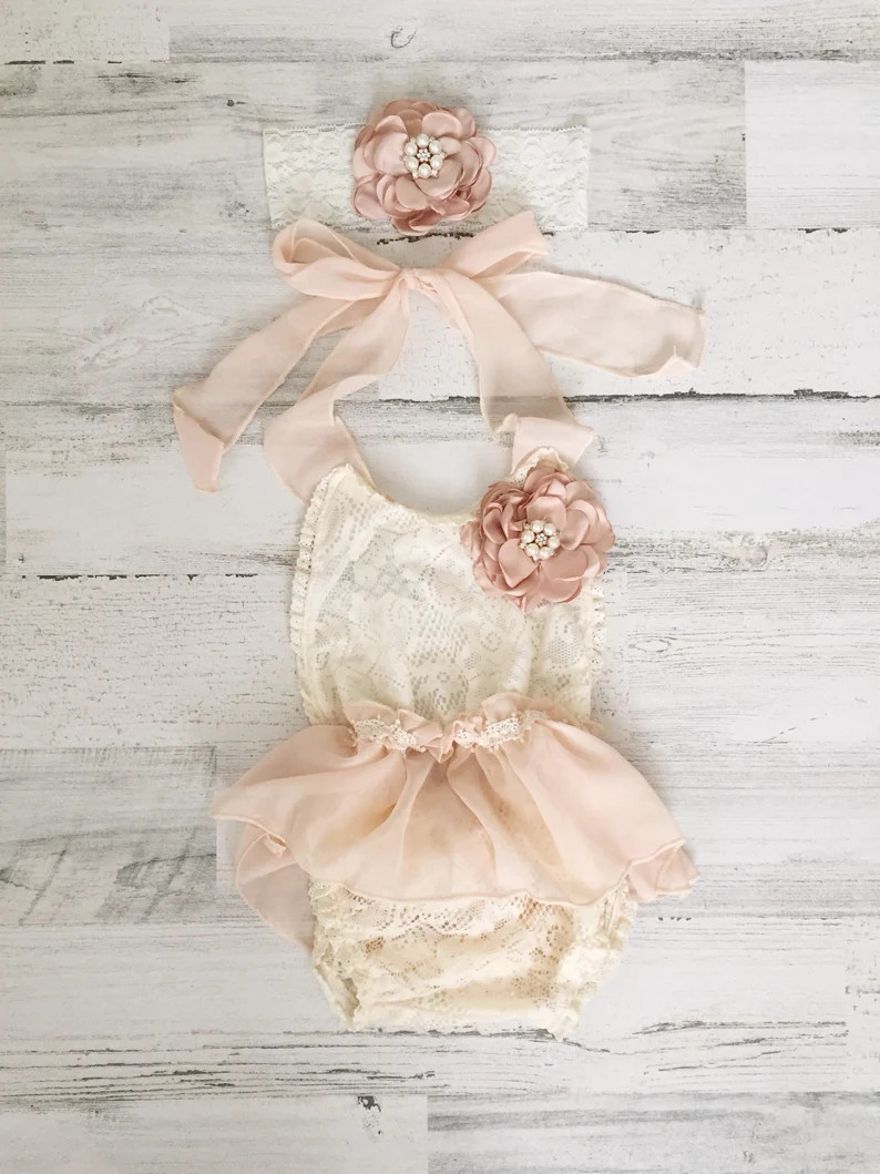 Ivory Tan Blush Boho Lace Romper Sash and Headband-Baby girls lace romper-Ivory Boho 1st Birthday... | Etsy (US)