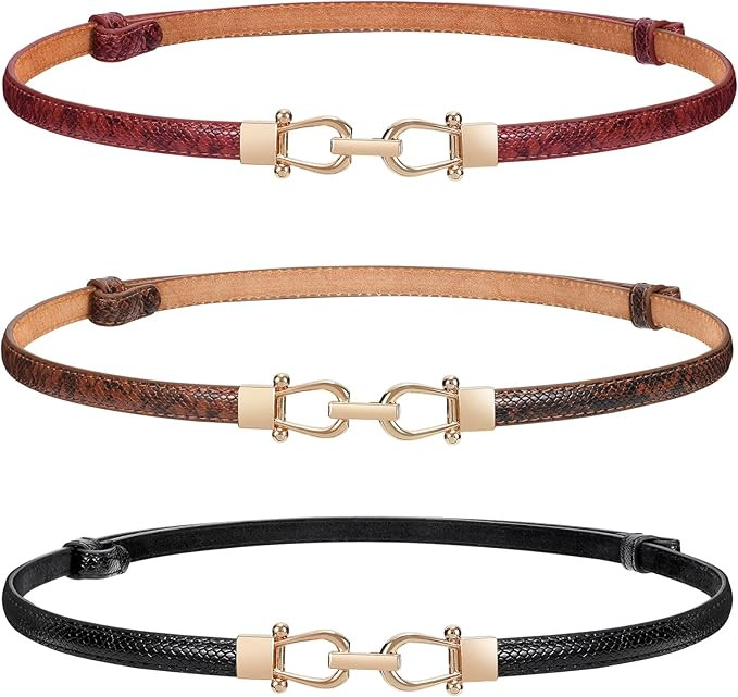 WERFORU Women 3 Pack Skinny Belt for Dress,Thin Waist Belt - Adjustable Leather Belt with Gold Bu... | Amazon (US)