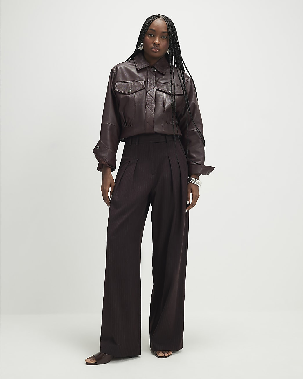 Red Pinstripe Pleated Wide Leg Trousers | River Island UK & IE