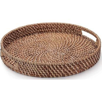 16.9 inch Rattan Tray, Round Wicker Tray with Cut-Out Handles, Woven Serving Tray for Dining / Co... | Amazon (US)