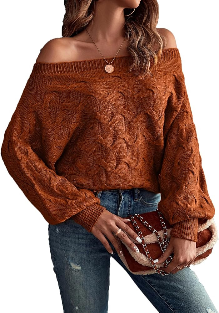 Verdusa Women's Off The Shoulder Knit Sweater Tops Long Sleeve Pullover Sweaters Spring Brunch Outfits | Amazon (US)