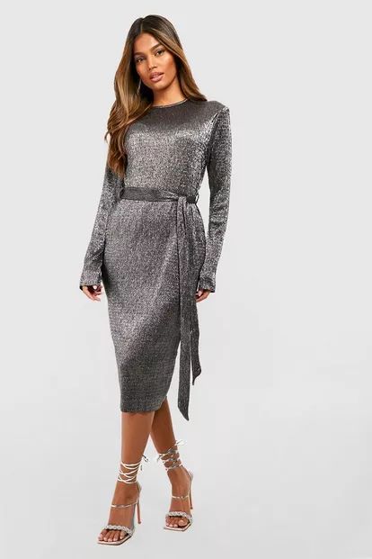 Metallic Plisse Tie Waist Midi Party Dress | Boohoo.com (US & CA)