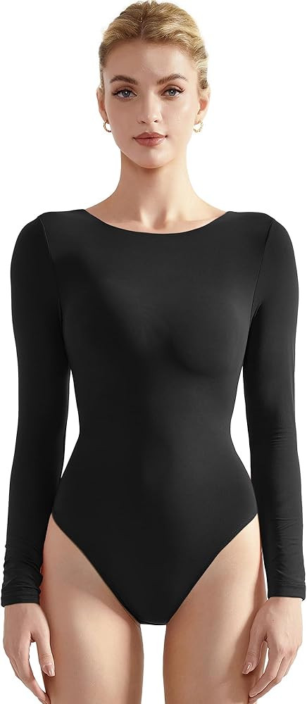 SUUKSESS Women Crew Neck Long Sleeve Bodysuit Sexy Thong Bodysuit Shirts | Amazon (US)