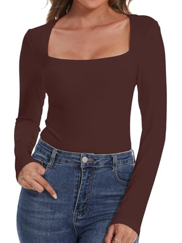 SHAPERIN Women's Sexy Square Neck Long Sleeve Bodysuit T Shirt Tops Thong Body Suit Brown 2XL | Amazon (US)
