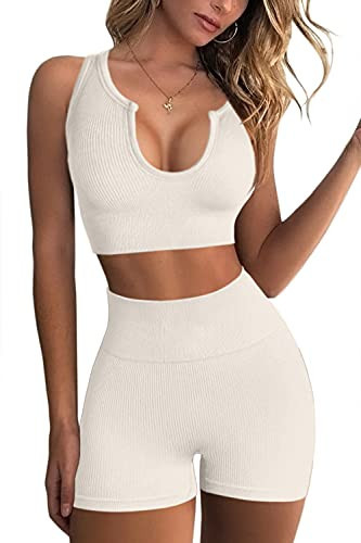QINSEN Workout Sets for Women 2 Piece Seamless Ribbed Crop Tank High Waist Shorts Yoga Outfits Beige 001 L | Amazon (US)